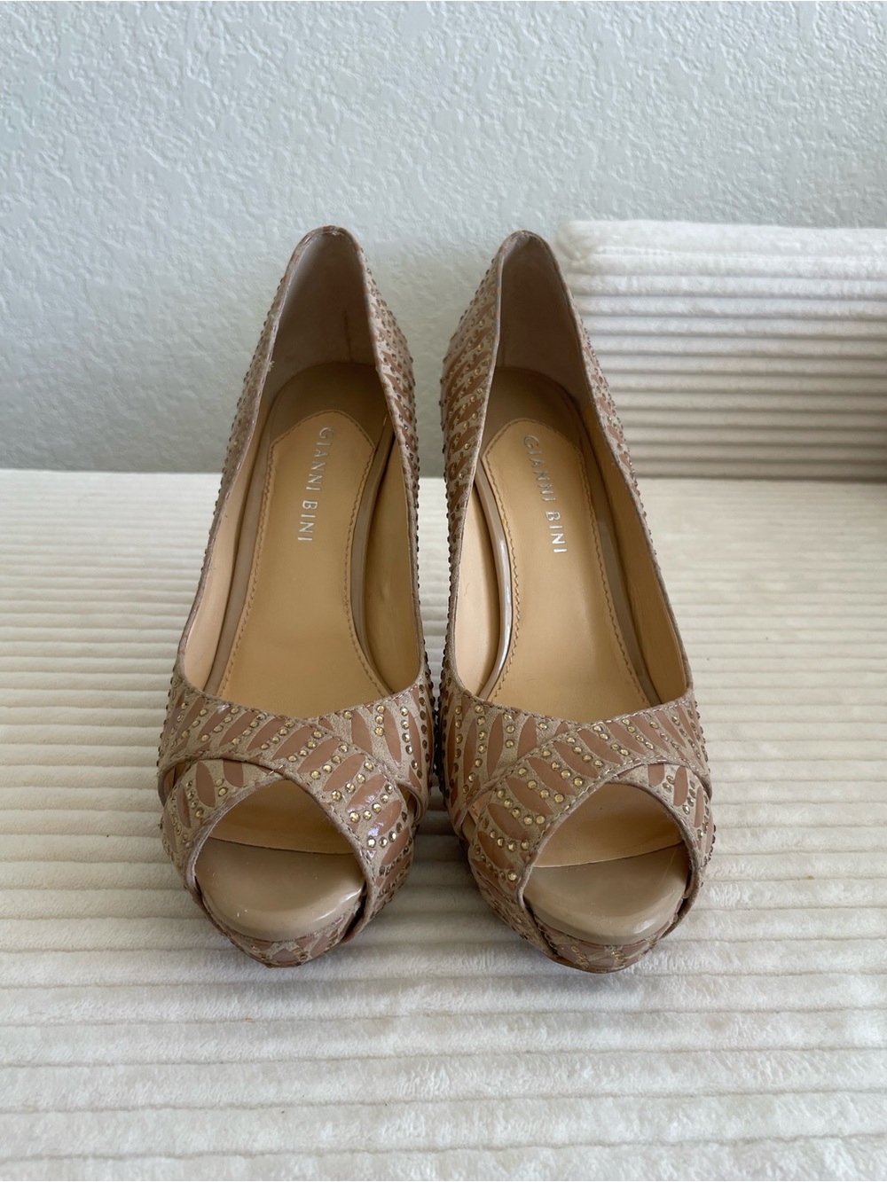 Gianni Bini Blush Nude Embellished Peep-Toe Heels